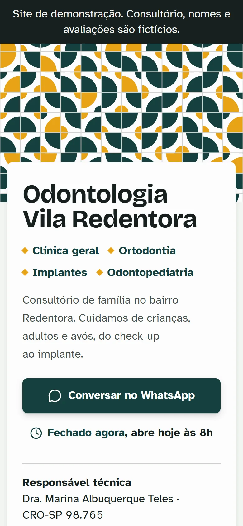 Primeira tela do site de demonstração Odontologia Vila Redentora no celular