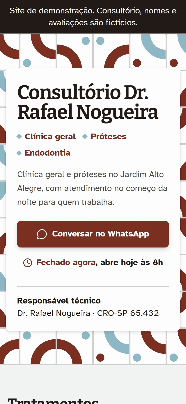 Primeira tela do site de demonstração Consultório Dr. Rafael Nogueira no celular