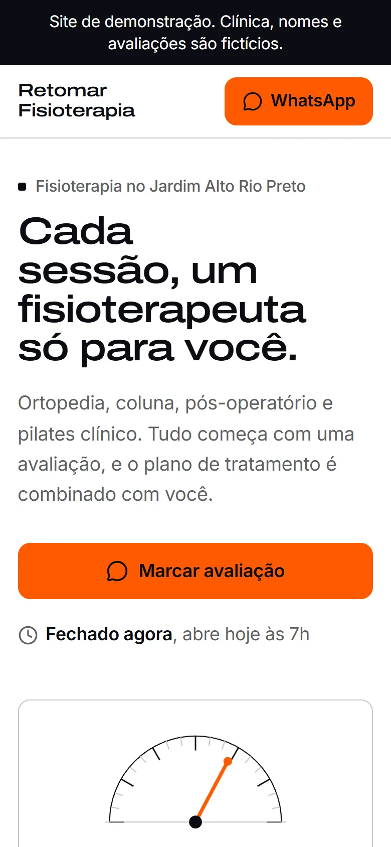 Primeira tela do site de demonstração Retomar Fisioterapia no celular