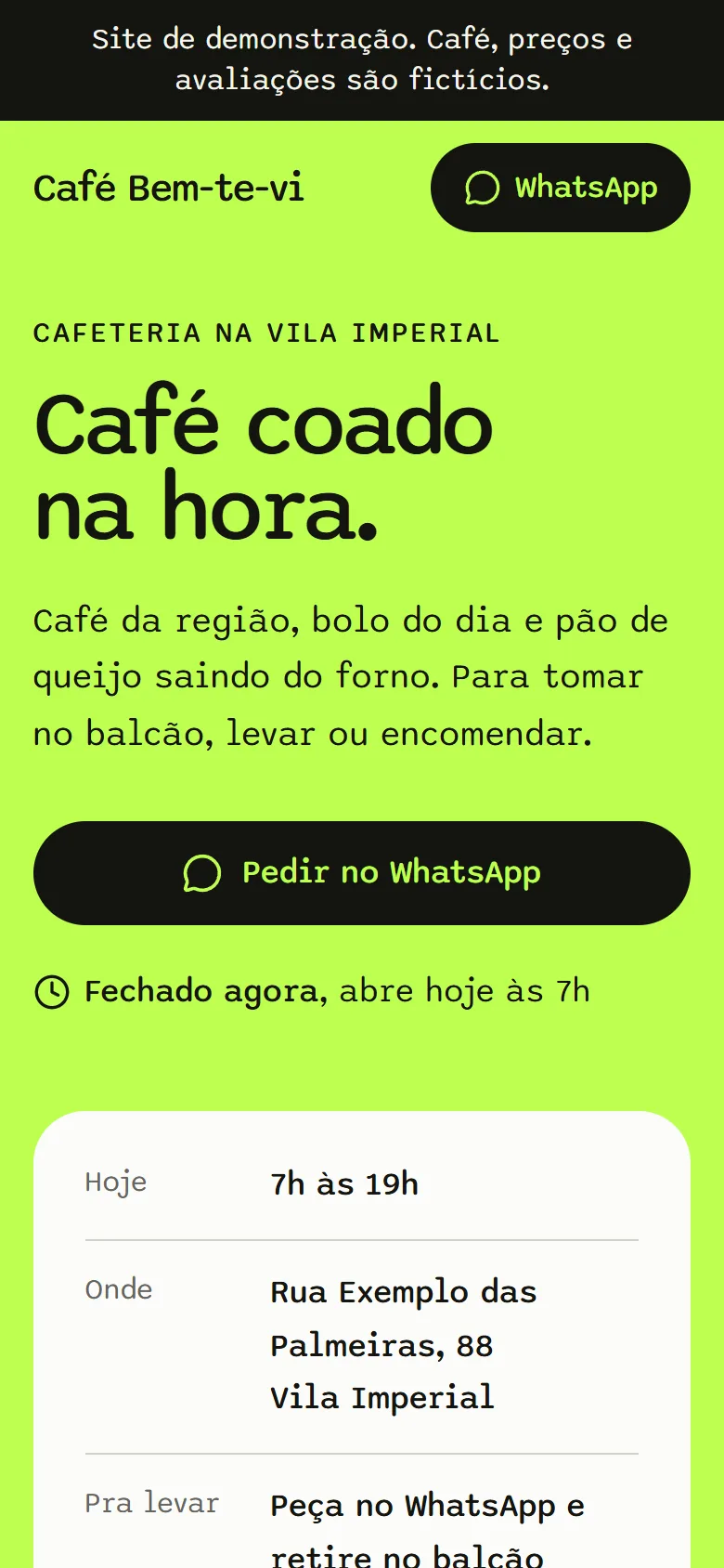 Primeira tela do site de demonstração Café Bem-te-vi no celular